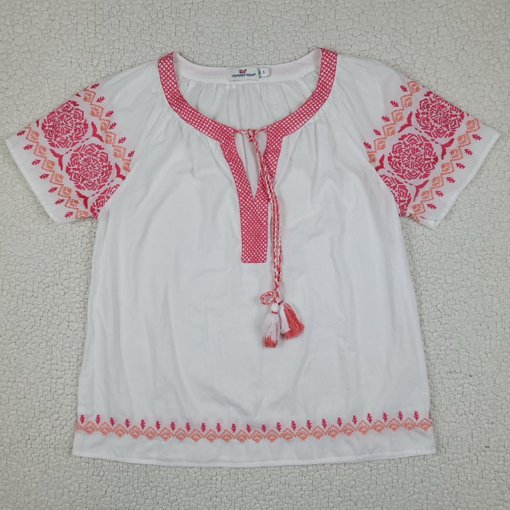 Vineyard Vines Blouse Women’s S White Cotton Boho Top Shirt Pink Embroidery